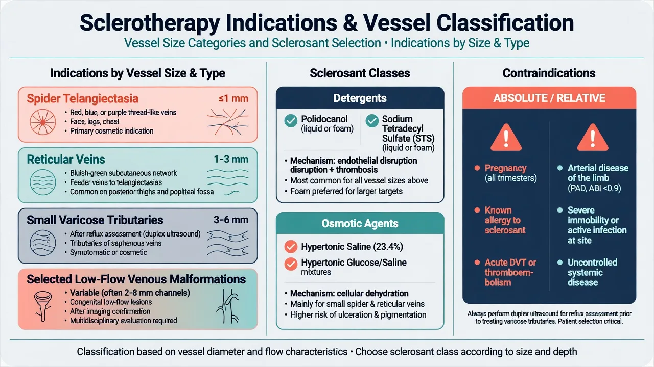 Classification chart of sclerotherapy indications by vessel size, sclerosant classes, and contraindications including pregnancy