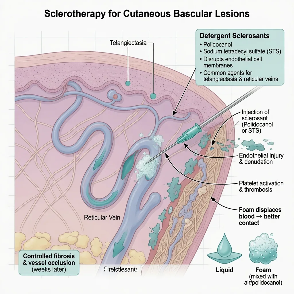 Educational cross-section of skin showing needle injection of sclerosant into telangiectasia and reticular vein with foam versus liquid icons