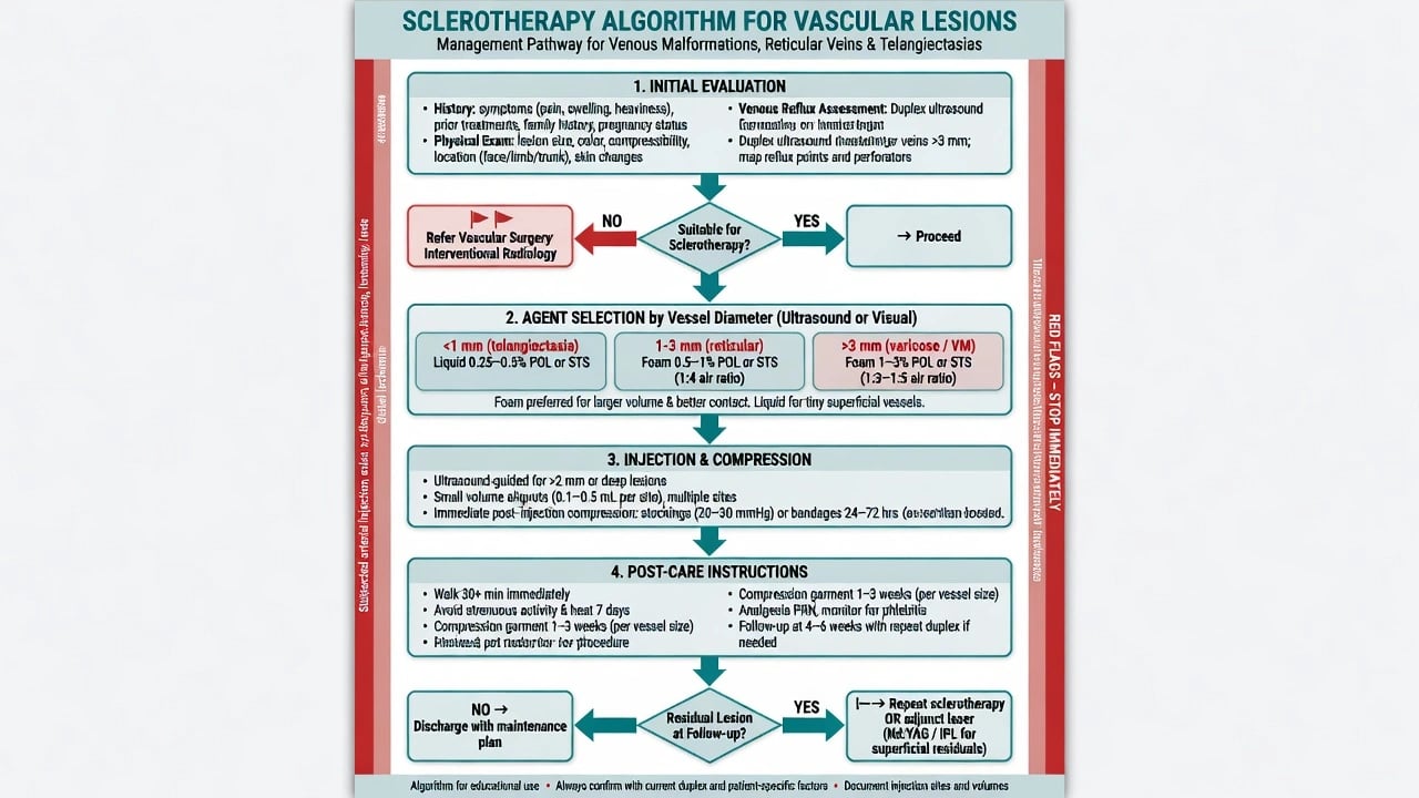 Clinical algorithm from evaluation through liquid versus foam choice injection aftercare and red flag stops