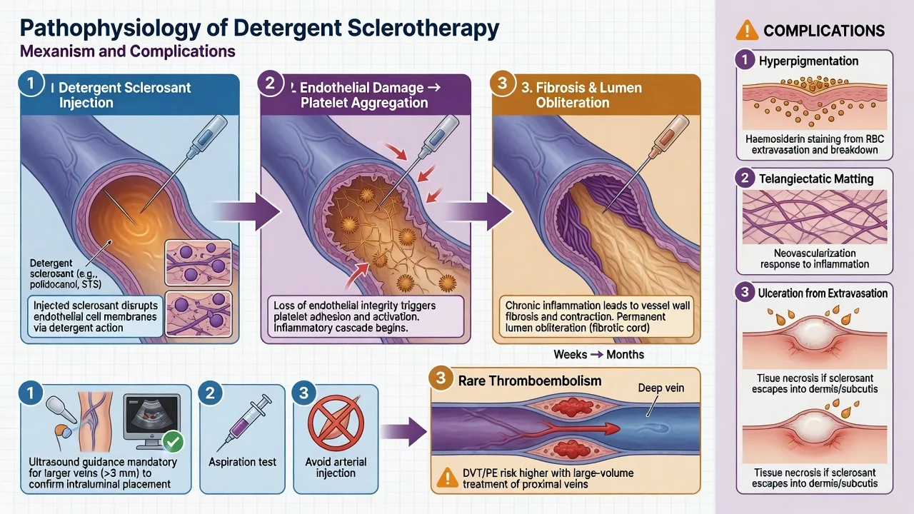 Educational pathway from detergent endothelial injury to fibrosis with complications panel for hyperpigmentation matting ulceration
