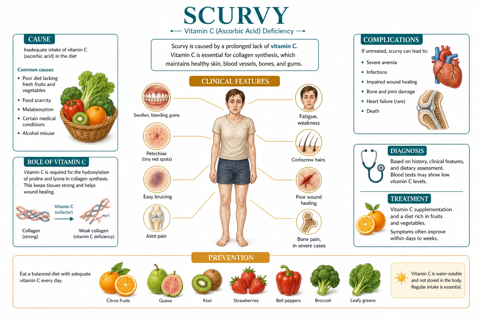Mechanistic diagram of scurvy: ascorbic acid as cofactor for prolyl and lysyl hydroxylase, with absent gulonolactone oxidase in humans