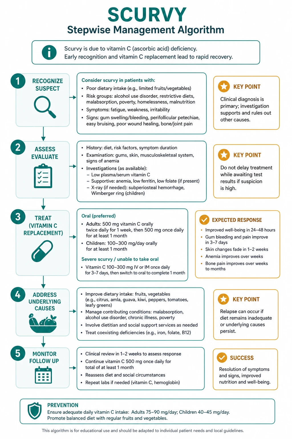 Stepwise management algorithm for scurvy: recognise, replace, replete, refer