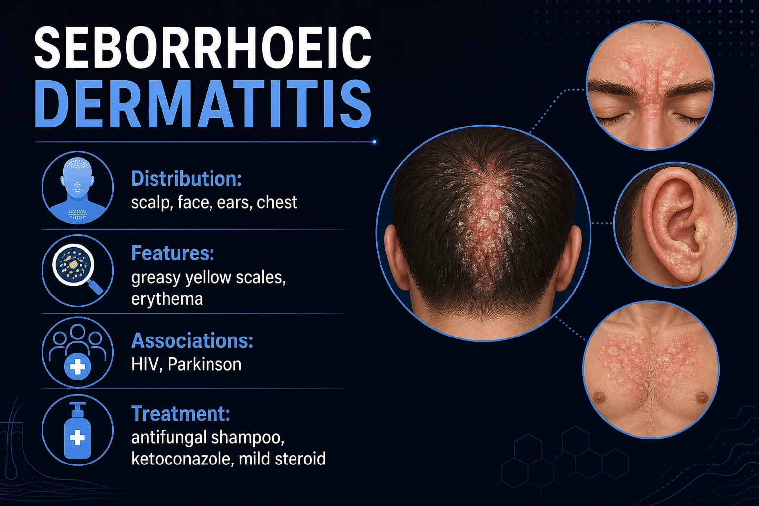 Diagram showing the three forms of seborrhoeic dermatitis: infantile cradle cap on the scalp, adult face with nasolabial and eyebrow involvement, and truncal petaloid lesions