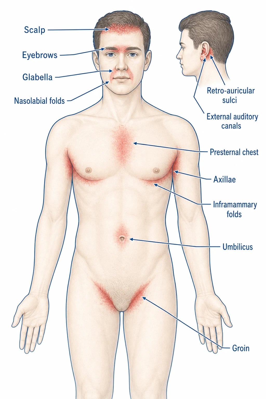 Diagram highlighting seborrhoeic dermatitis predilection sites on the scalp, eyebrows, nasolabial folds, ears, presternal area, and intertriginous folds