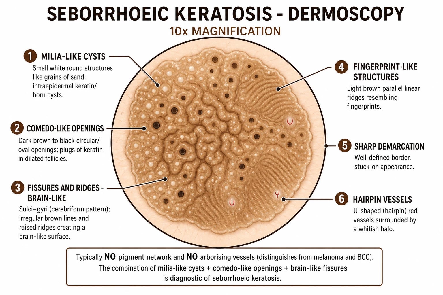 Dermoscopy showing milia-like cysts (white grains), comedo-like openings (dark plugs), fissures and ridges in a brain-like/sulci-gyri pattern, fingerprint-like structures, and sharp demarcation; no pigment network and no arborising vessels