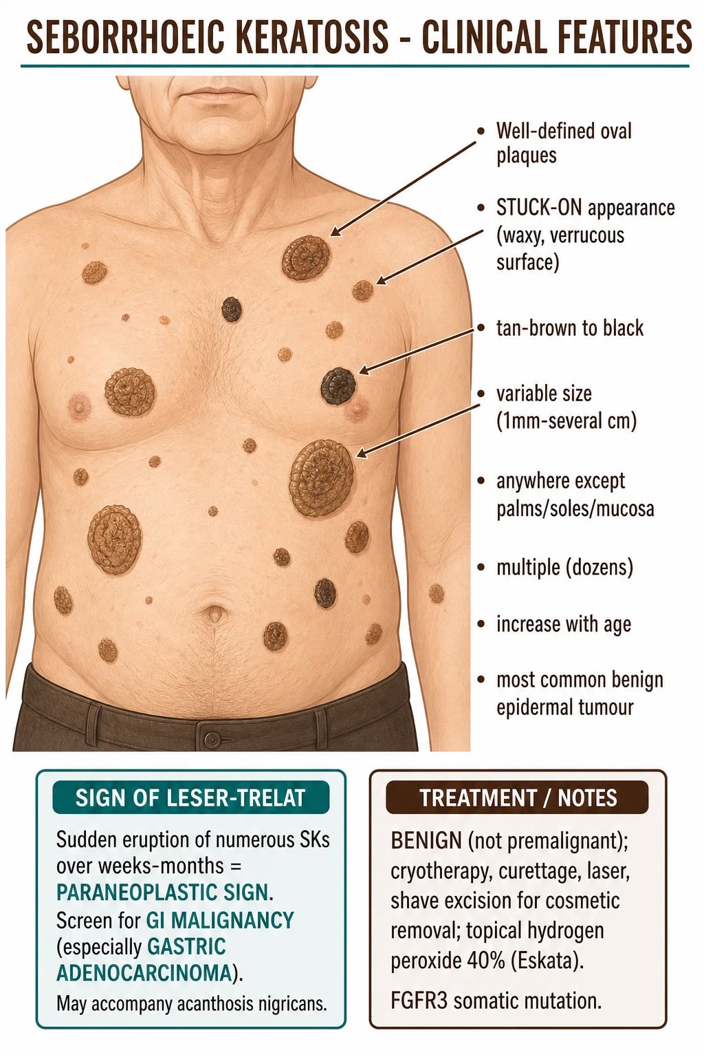 Multiple well-defined stuck-on waxy tan-to-dark-brown plaques scattered across the trunk of an older adult; some lesions darker and variably pigmented