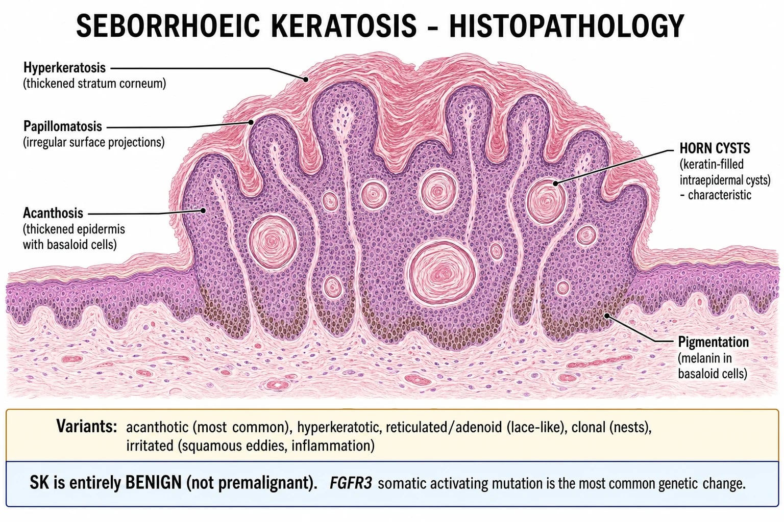 Acanthosis with basaloid cells, papillomatosis, hyperkeratosis, intraepidermal horn cysts, pseudo-horn cysts, and increased melanin; histological variants shown