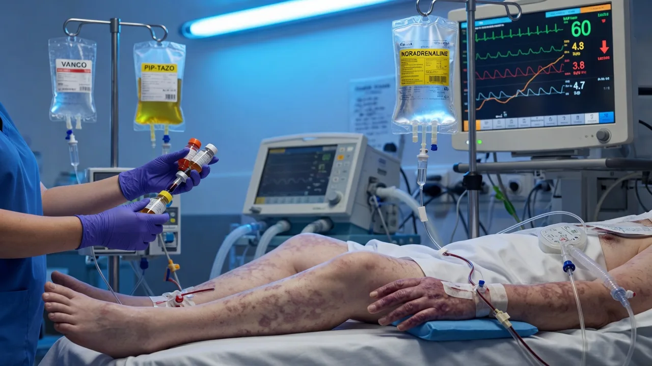 Cinematic ICU scene of a sepsis hour-1 bundle checklist on a clipboard beside a patient, lactate drawn, two large-bore cannulae, broad-spectrum antibiotics and crystalloid running, clinical-blue lighting, medical educational, no faces, no text