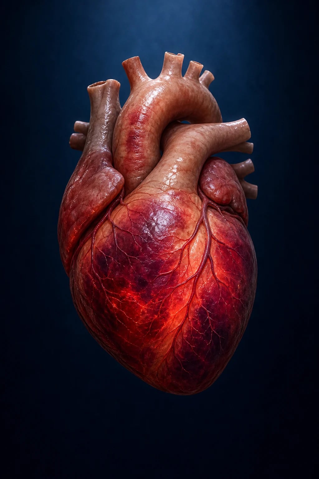 Cinematic ICU scene of a septic patient with an echocardiogram showing a globally hypokinetic left ventricle with reduced ejection fraction, a noradrenaline and dobutamine infusion running, a rising troponin and lactate on the monitor, clinical-blue lighting, medical educational, no faces, no text