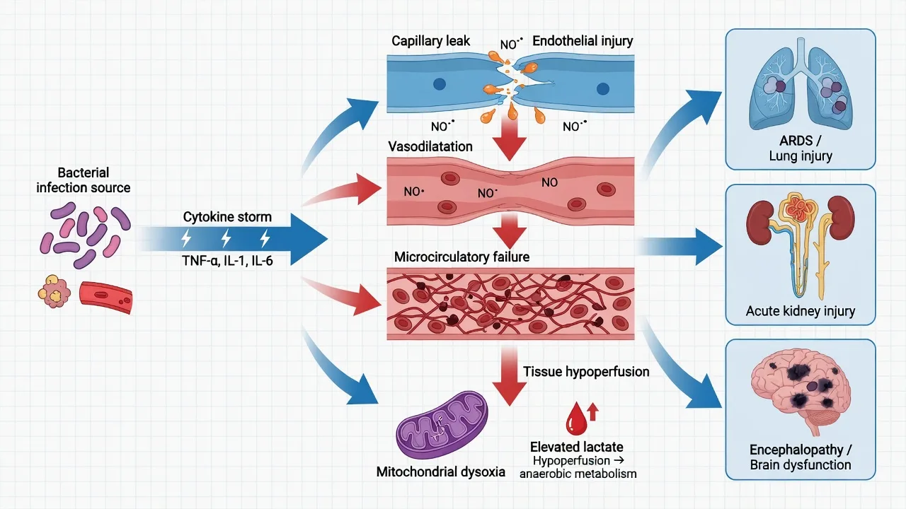 Vasodilatory distributive shock with capillary leak and mitochondrial dysfunction
