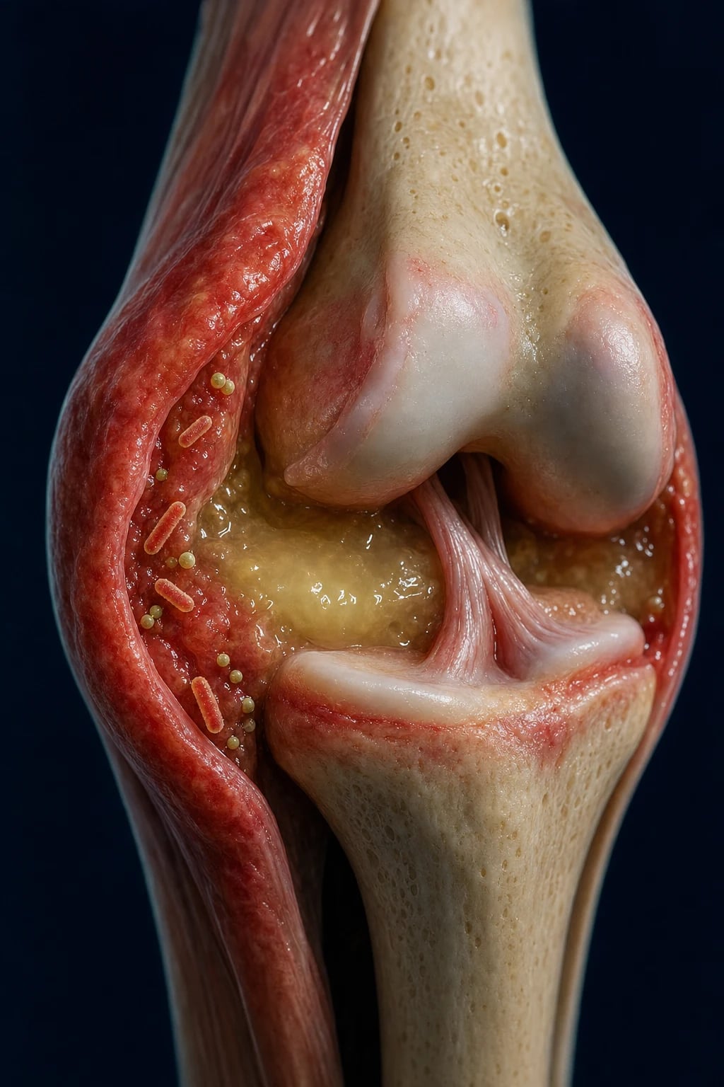 Cinematic 3D close-up of a knee joint with a swollen, red, hot capsule and pus-like fluid distending the joint space, bacteria visible near the synovial lining, against a deep navy background