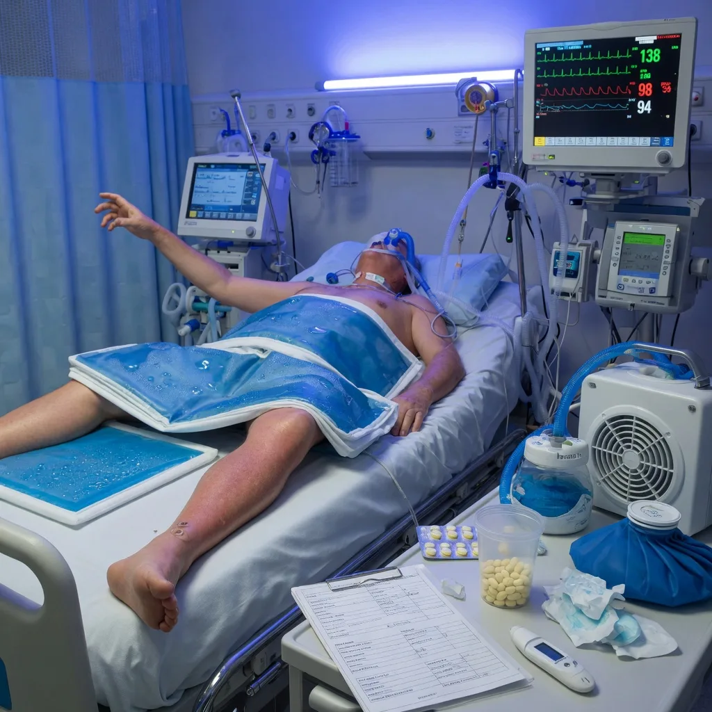 Cinematic ICU scene of an agitated hyperthermic patient with clonus, hyperreflexia and rigidity, a drug list showing an SSRI with tramadol or linezolid, cyproheptadine and cooling initiated, a cardiac monitor showing autonomic instability, clinical-blue lighting, no faces, no text