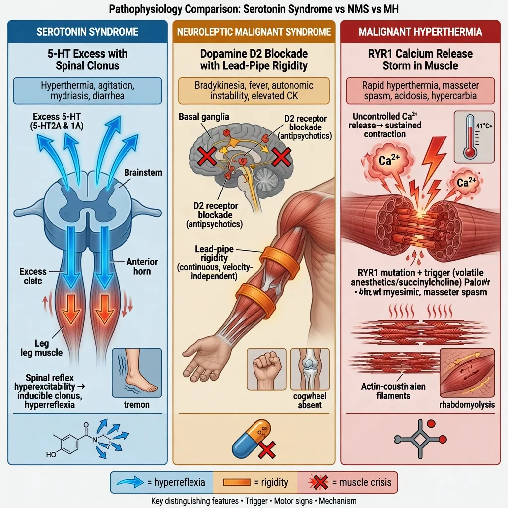Educational three-panel pathophysiology comparison: serotonin syndrome with 5-HT excess and spinal clonus, neuroleptic malignant syndrome with dopamine D2 blockade and lead-pipe rigidity, malignant hyperthermia with RYR1 calcium release storm in skeletal muscle