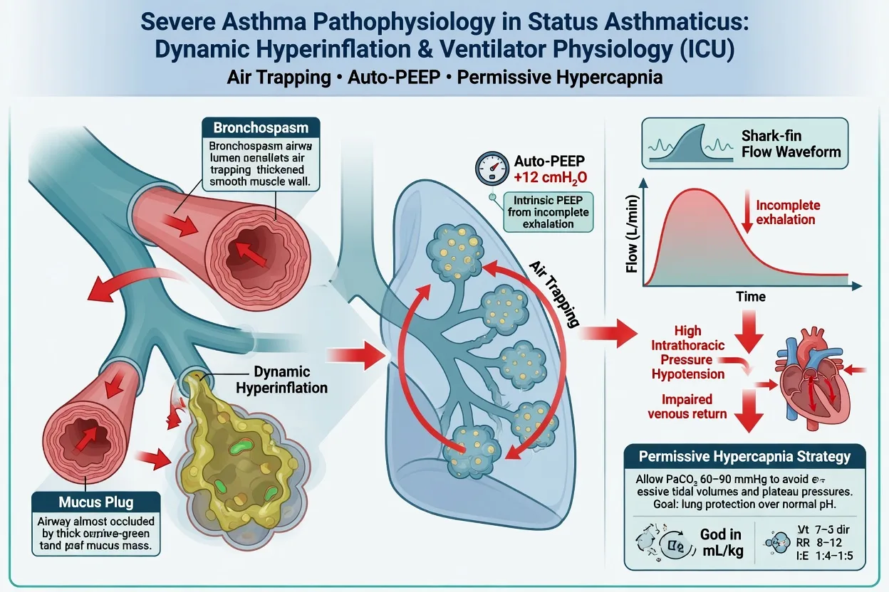 Severe asthma pathophysiology: bronchospasm, mucus plugging, dynamic hyperinflation, auto-PEEP, shark-fin flow waveform, and high intrathoracic pressure causing hypotension