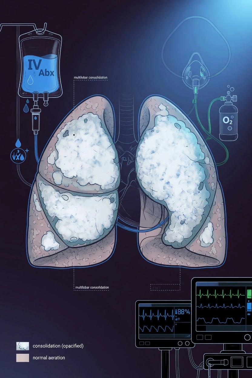 Cinematic ICU scene of a breathless patient with severe community-acquired pneumonia, a CXR showing dense multilobar consolidation, IV antibiotics and fluids running, a cardiac monitor showing septic physiology, clinical-blue lighting, no faces, no text