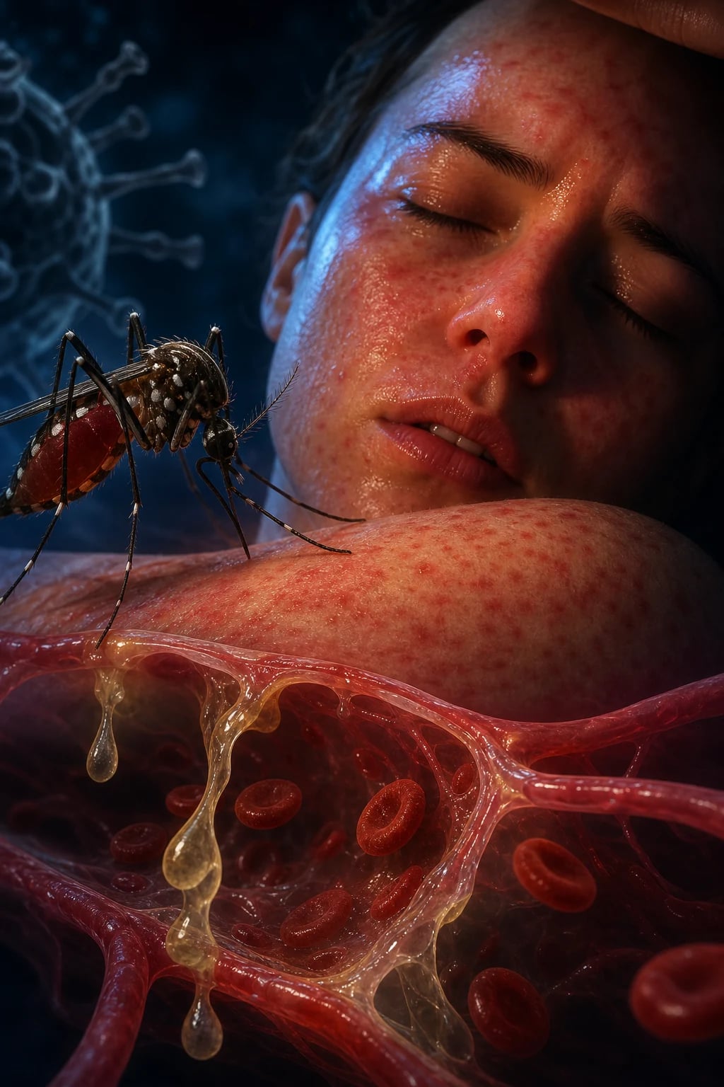 ICU scene showing a febrile patient with a petechial rash, plasma-leak pleural effusions on ultrasound, a rising haematocrit with falling platelets, and careful isotonic crystalloid resuscitation running, clinical-blue lighting