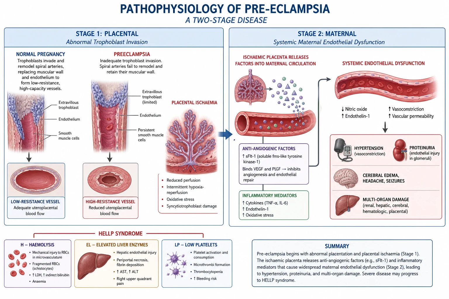 Educational pathophysiology of pre-eclampsia: placental ischaemia, anti-angiogenic imbalance, endothelial dysfunction, HELLP microangiopathy, clinical-blue diagram