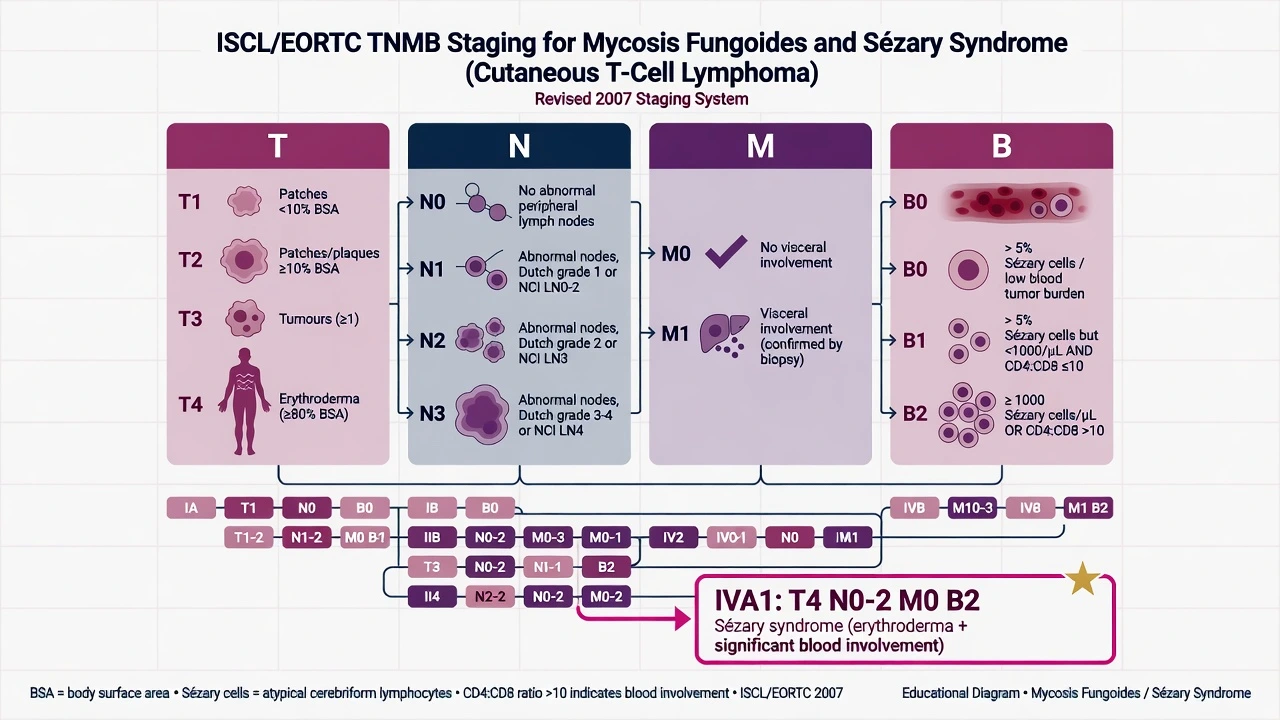 ISCL EORTC TNMB staging chart for mycosis fungoides and Sézary syndrome highlighting T4 erythroderma B2 blood involvement and stage IVA1