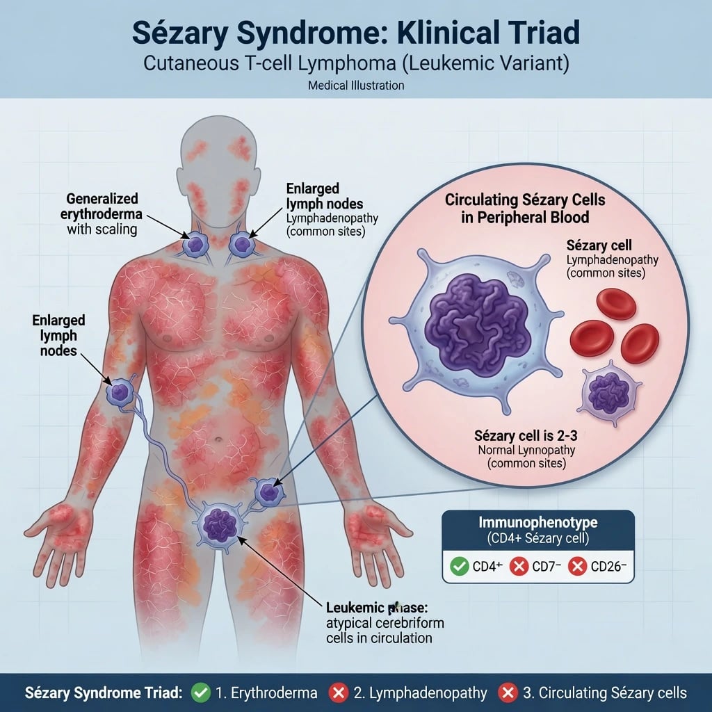 Educational illustration of Sézary syndrome triad: generalised erythroderma, enlarged lymph nodes, and circulating cerebriform Sézary cells with CD4-positive CD7-negative CD26-negative immunophenotype