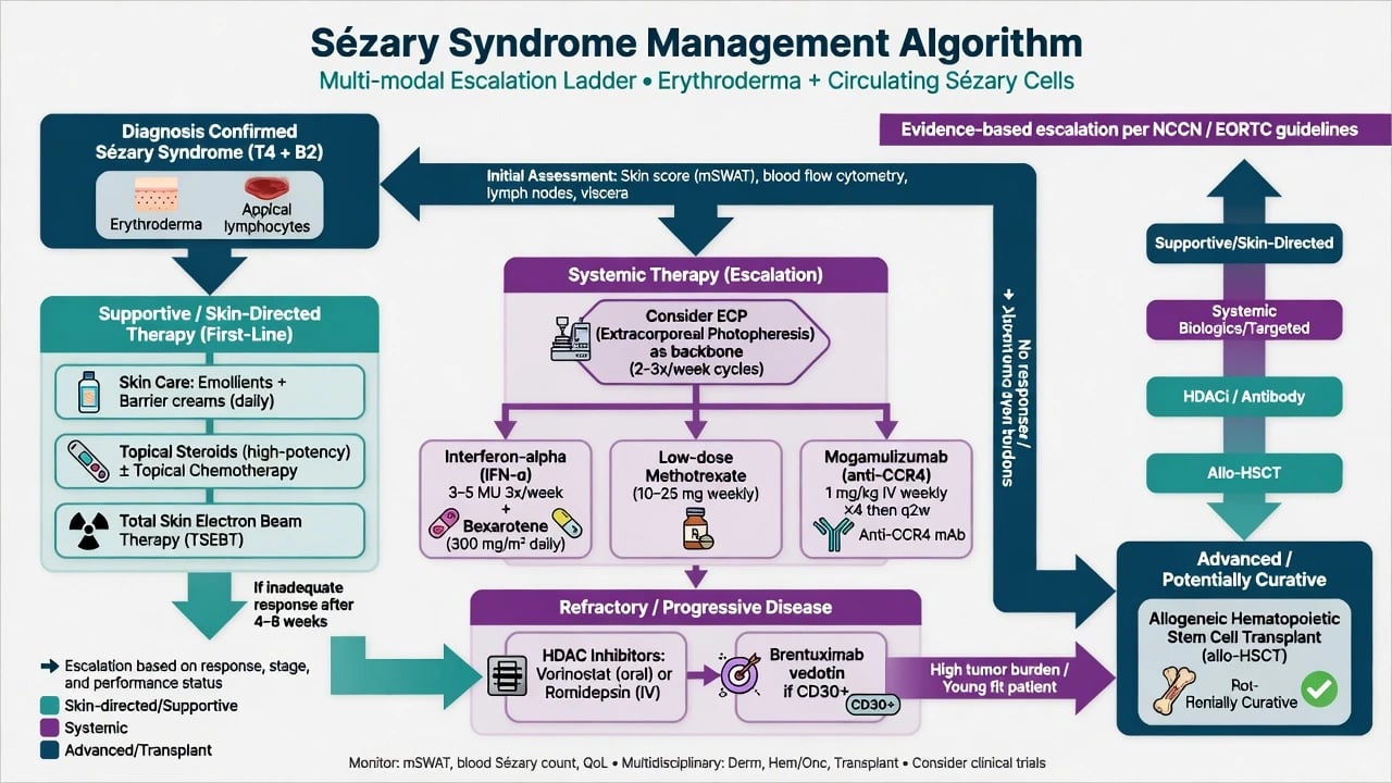 Management algorithm for Sézary syndrome from supportive skin care and ECP through systemic agents to allogeneic stem cell transplant