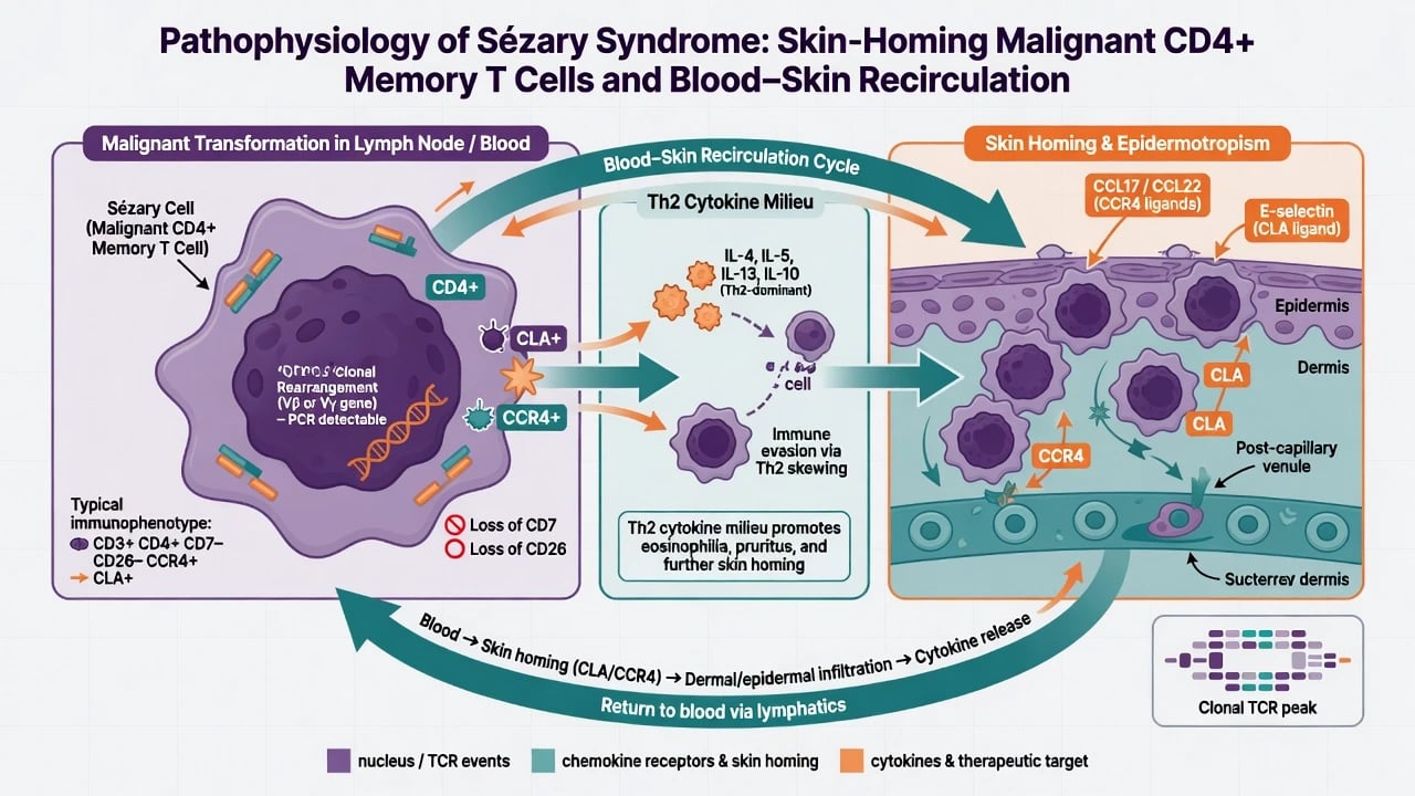 Diagram of Sézary cell pathophysiology showing CD4-positive CLA-positive CCR4-positive memory T cells, loss of CD7 and CD26, Th2 cytokines and blood-skin recirculation
