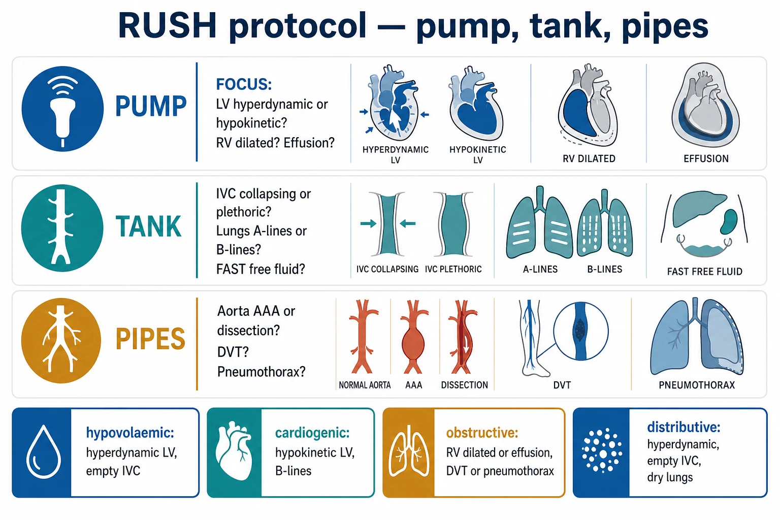 Three-row infographic on a white clinical-blue background: PUMP (FOCUS: LV hyperdynamic or hypokinetic? RV dilated? Effusion?); TANK (IVC collapsing or plethoric? Lungs A-lines or B-lines? FAST free fluid?); PIPES (Aorta AAA or dissection? DVT? Pneumothorax?); banner matching to shock type. Flat vector illustration, crisp typography.