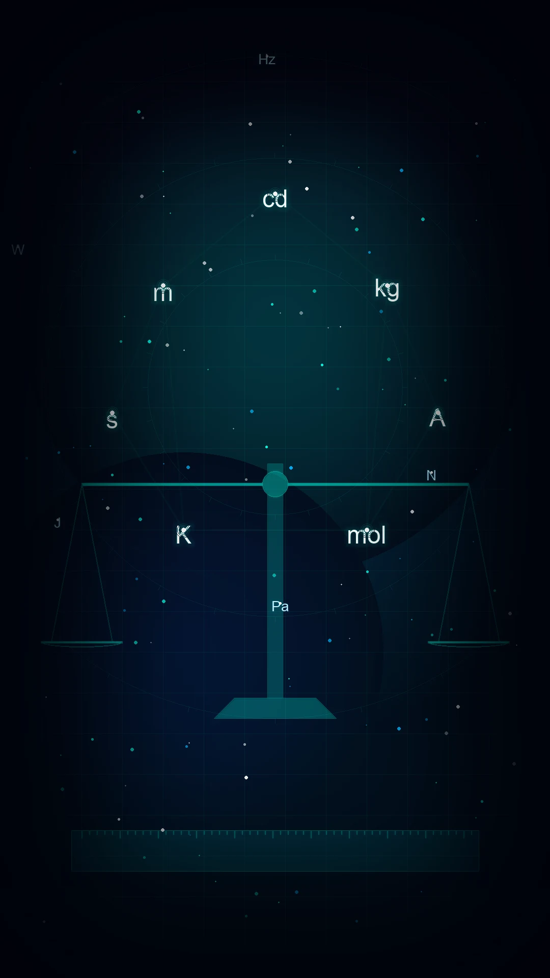 Cinematic illustration in deep navy of the seven SI base-unit symbols arranged as a glowing constellation over translucent scientific measuring apparatus, with derived-unit symbols spiralling out