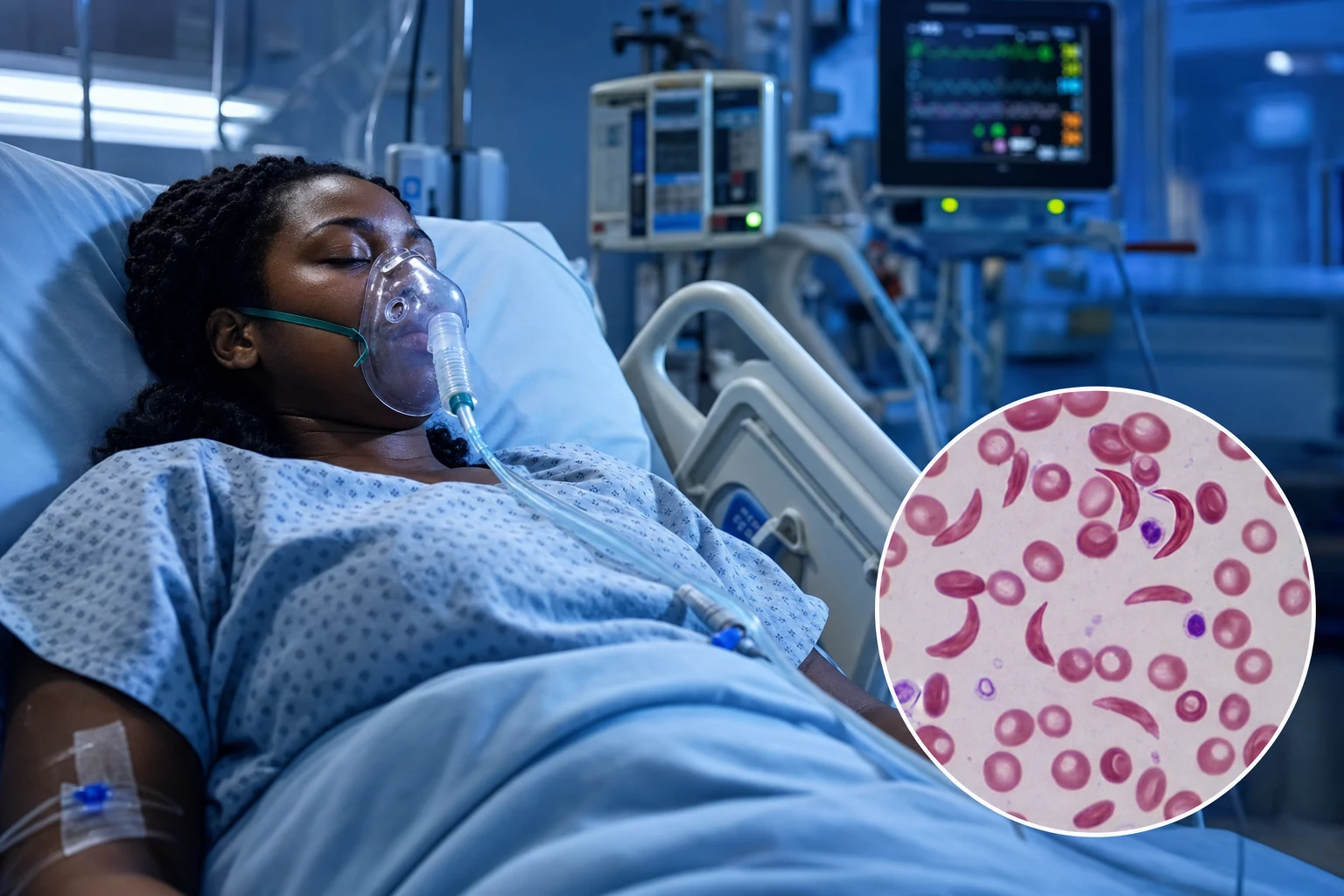 ICU bedside scene of a sickle-cell patient with a cardiac monitor showing tachycardia, a peripheral blood smear with sickled erythrocytes, an oxygen mask, IV hydration running, and a chest X-ray revealing a new infiltrate, clinical-blue lighting