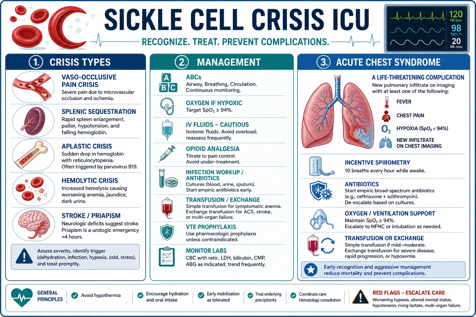 Three-panel infographic on a white clinical-blue background: LEFT crisis types (vaso-occlusive pain commonest; acute chest syndrome new infiltrate hypoxia leading cause of death; splenic sequestration children; aplastic parvovirus B19; haemolytic); CENTRE management (oxygen; IV hydration hypotonic reduce sickling; analgesia opioids patient-controlled; transfusion Hb under 90 or severe; exchange transfusion acute chest/stroke/severe; hydroxyurea prevention); RIGHT acute chest syndrome (leading cause of death; new infiltrate hypoxia; treat antibiotics infection/incentive spirometry/transfusion/bronchodilators). Banner 'Acute chest syndrome = leading cause of death — oxygen, transfuse, antibiotics, spirometry'. Flat vector illustration, crisp typography.