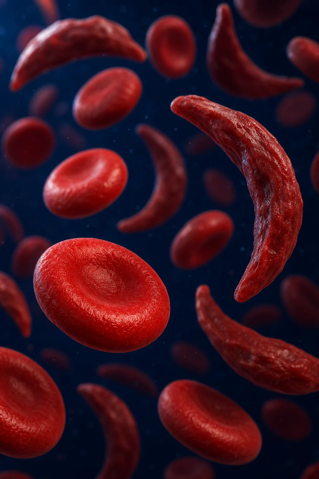 Cinematic 3D close-up of red blood cells showing normal discocytes and elongated crescent-shaped sickled cells, against a deep navy background