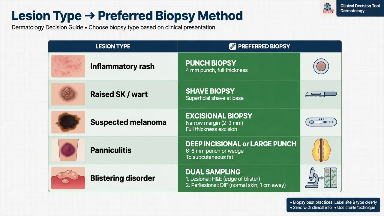 Educational decision table matching lesion type to preferred skin biopsy method