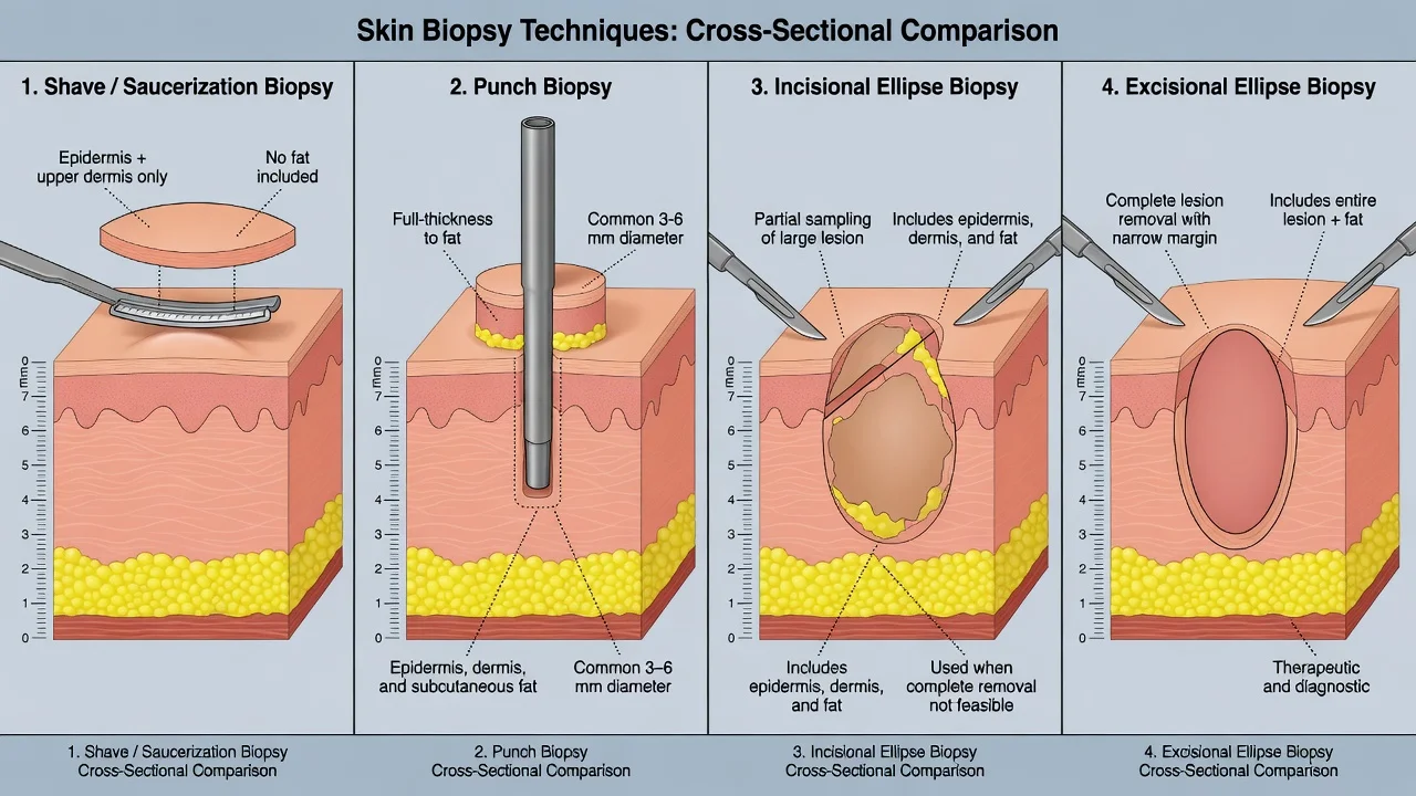 Educational cross-section comparison of shave, punch, incisional, and excisional skin biopsy techniques