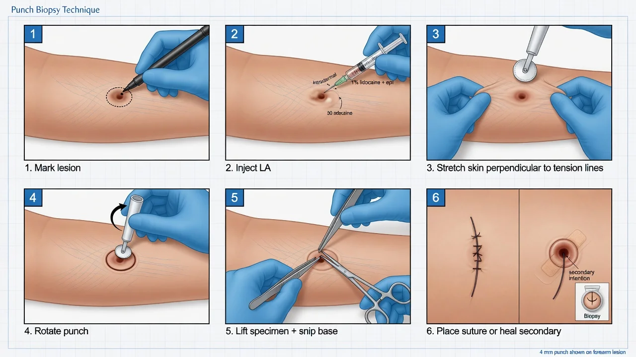 Six-step educational sequence of punch biopsy technique from marking through closure