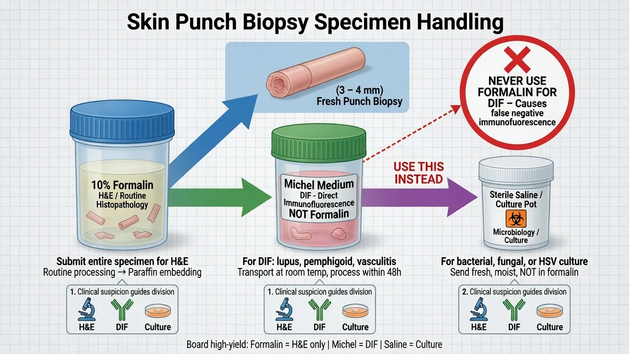 Educational diagram of skin biopsy specimen routing to formalin for H and E Michel medium for DIF and culture container