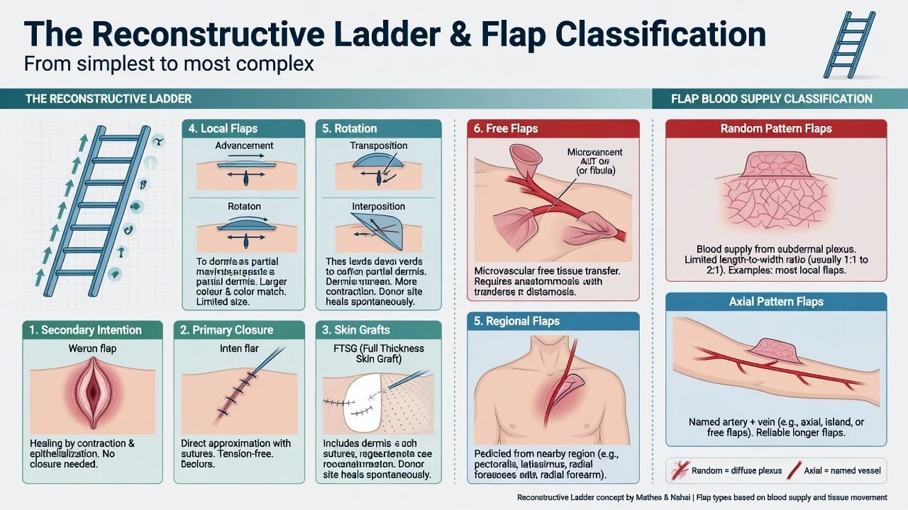 Classification chart of reconstructive ladder and flap types random versus axial advancement rotation transposition interpolation and FTSG versus STSG