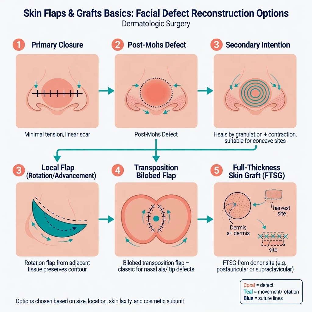 Educational schematic of facial defect reconstruction options including primary closure local flaps bilobed flap and full-thickness skin graft
