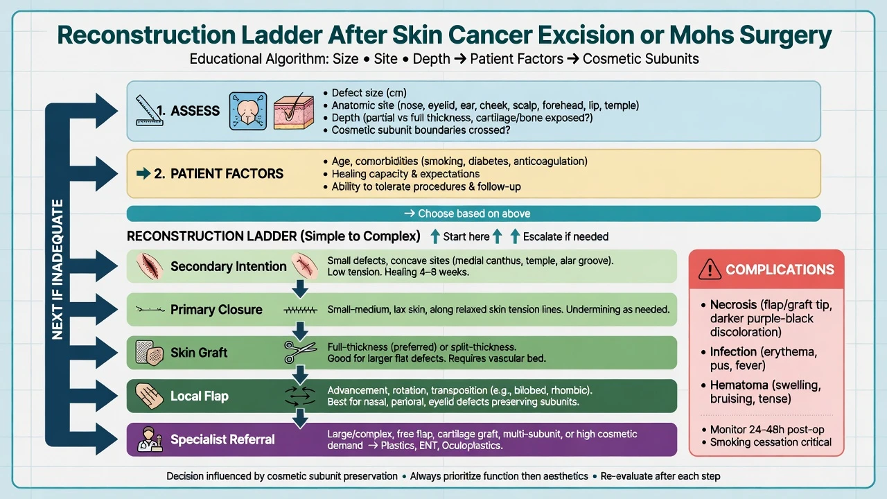Algorithm for choosing cutaneous reconstruction from secondary intention through primary closure graft local flap and specialist referral
