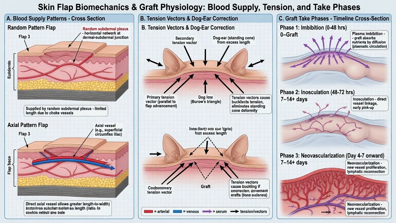 Diagram of random versus axial flap blood supply and phases of skin graft take imbibition inosculation neovascularisation