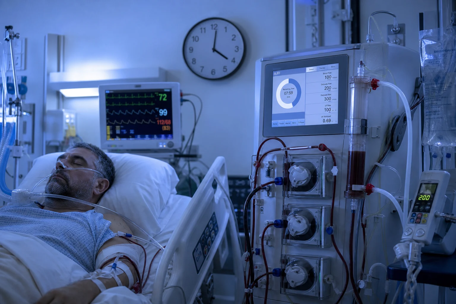 Cinematic ICU scene of a patient on a sustained low-efficiency dialysis (SLED) using a standard haemodialysis machine running slowly over an extended 8-hour session, the blood circuit and the dialysate visible, a cardiac monitor showing the stable haemodynamics, a clock, clinical-blue lighting, a calm steady mood