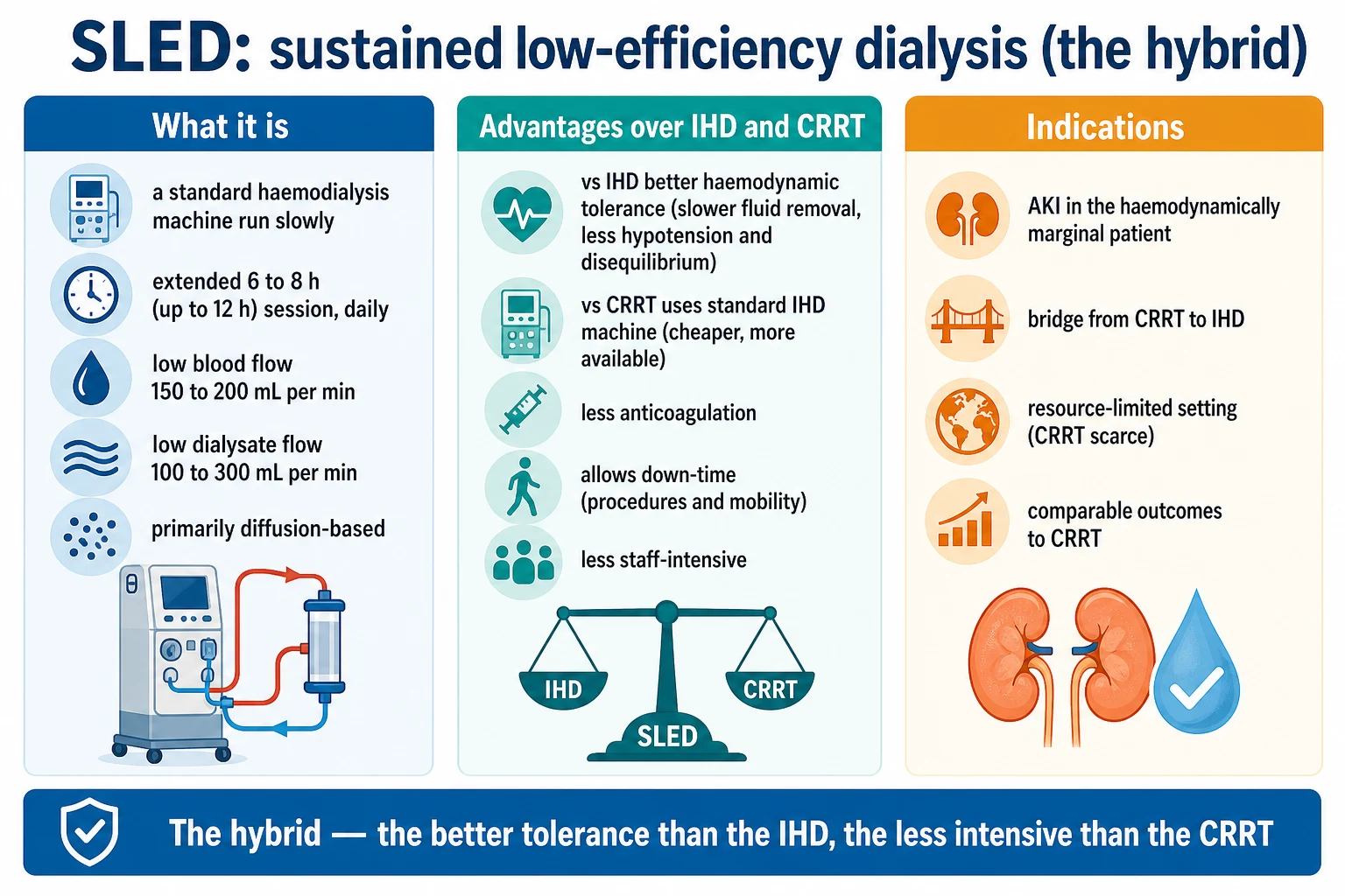 Three-panel infographic on a white clinical-blue background: LEFT what it is (standard haemodialysis machine run slowly, extended 6-8 h up to 12 h session, daily; low blood flow 150-200 mL/min, low dialysate flow 100-300 mL/min; primarily diffusion); CENTRE advantages (vs IHD better haemodynamic tolerance, slower fluid removal, less hypotension and disequilibrium; vs CRRT uses standard IHD machine cheaper more available, less anticoagulation, allows down-time, less staff-intensive); RIGHT indications (AKI in haemodynamically marginal patient, bridge CRRT to IHD, resource-limited, comparable outcomes). Banner 'The hybrid — better tolerance than IHD, less intensive than CRRT'. Flat vector illustration, crisp typography.