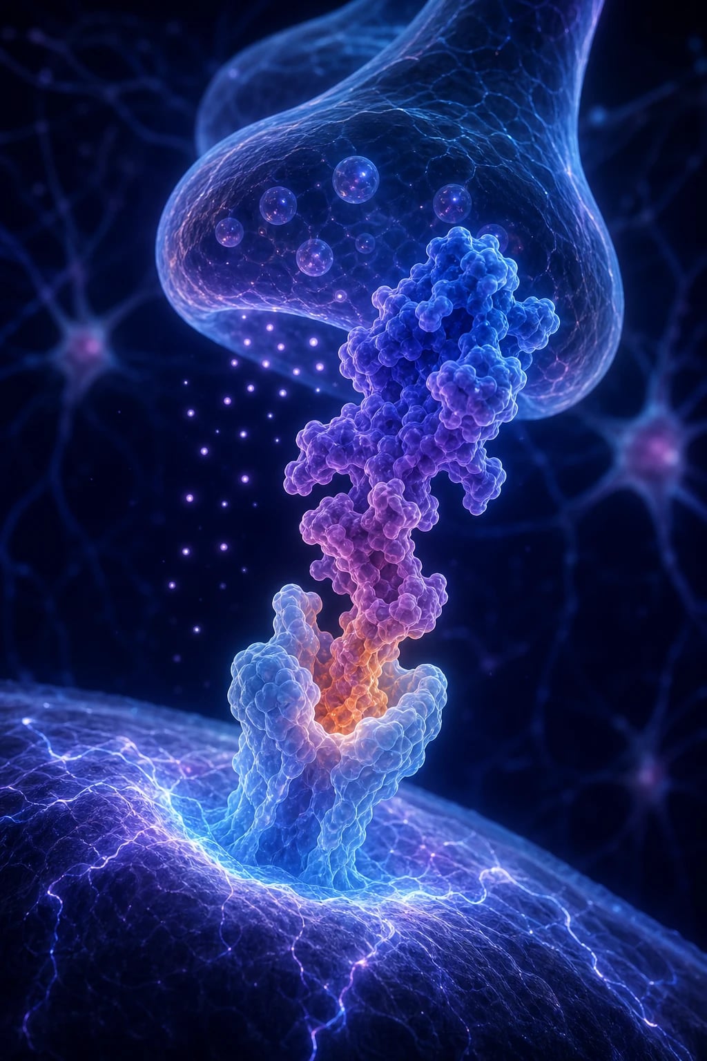 Cinematic 3D abstract illustration of snake venom toxin molecules binding to a neuromuscular junction receptor and a coagulation factor, against a deep navy background