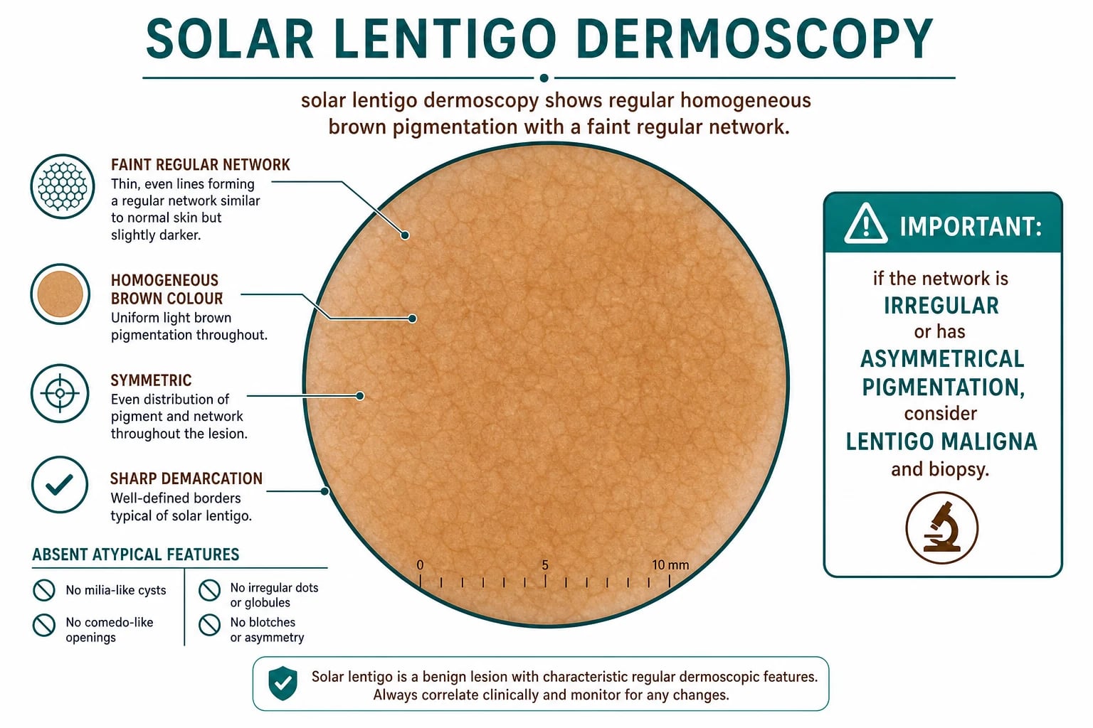 Dermoscopy comparison: solar lentigo (regular homogeneous brown pigmentation, faint regular pigment network) vs seborrhoeic keratosis (milia-like cysts, comedo-like openings, cerebriform pattern) vs lentigo maligna (asymmetric follicular openings, grey granules, rhomboid structures)
