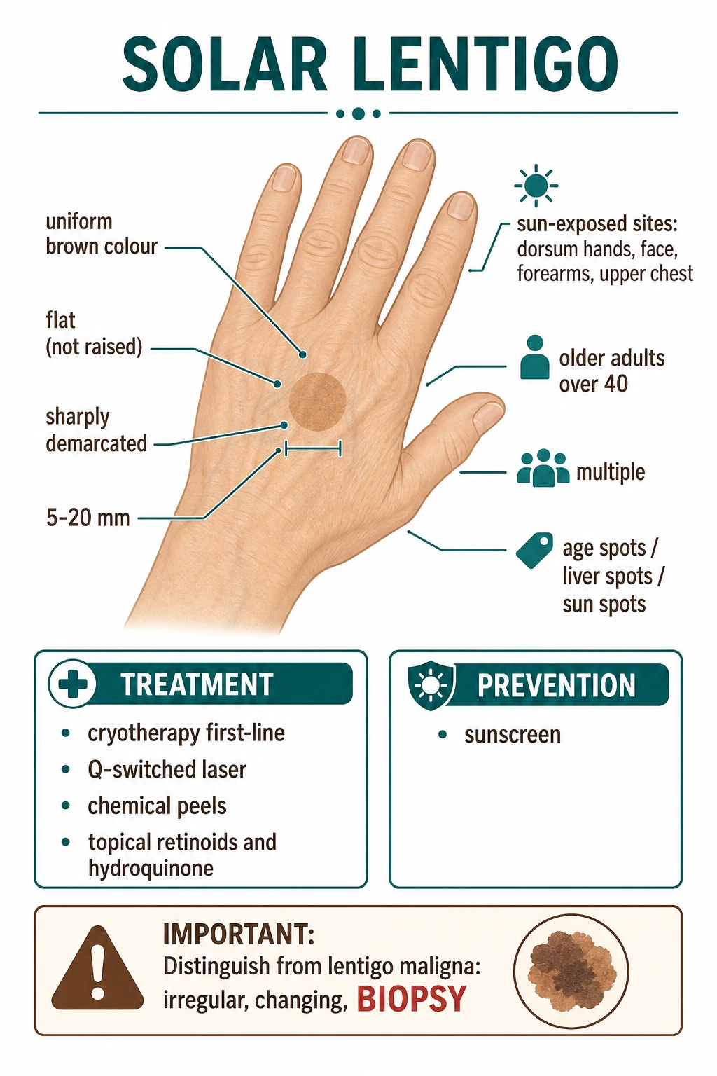 Uniform light-brown flat macule on dorsum of hand; sun-exposed sites; older adults; cryotherapy first-line; distinguish from lentigo maligna