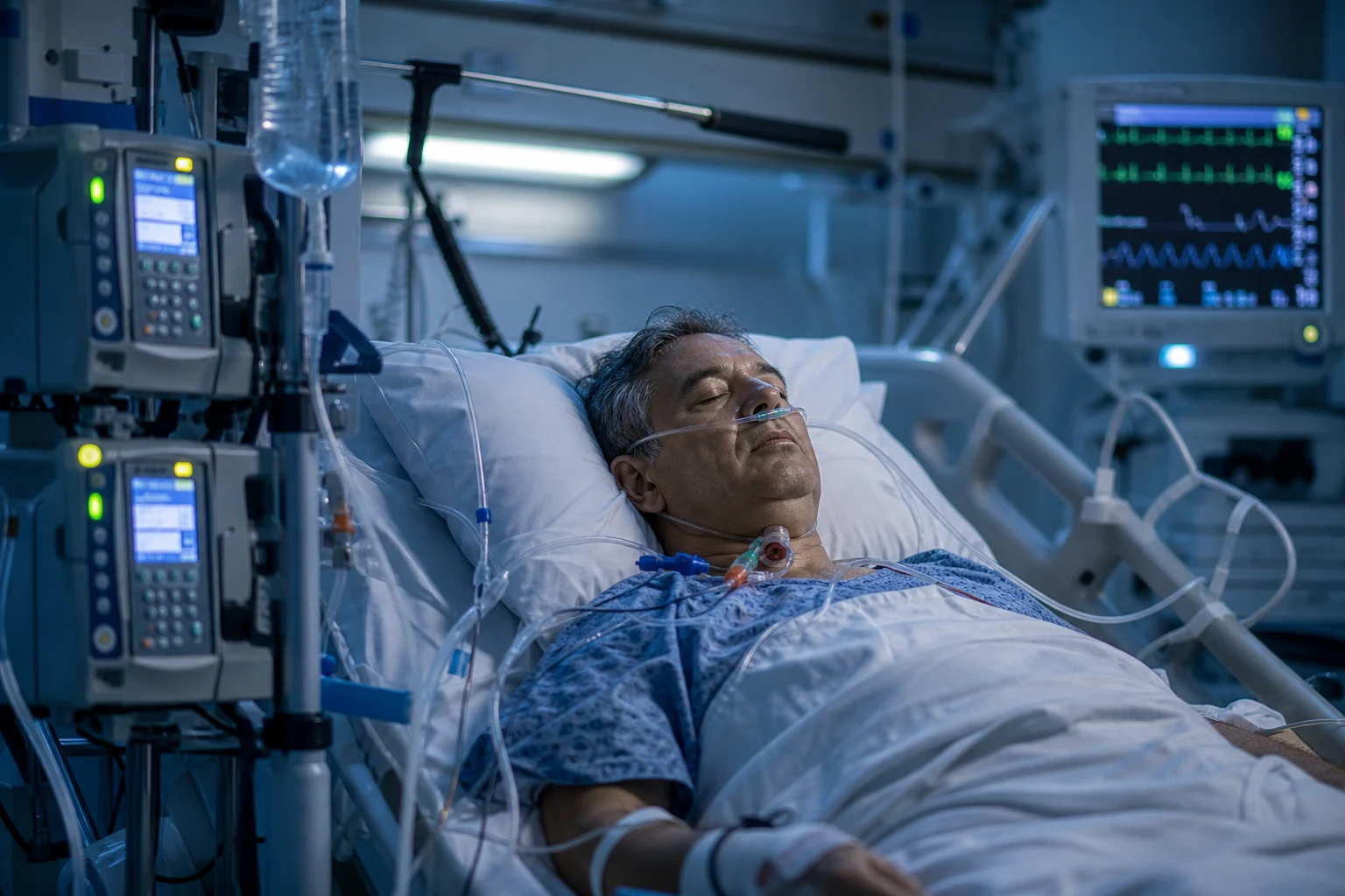 Cinematic ICU scene of a transplant recipient with immunosuppressant infusions, a cardiac monitor, clinical-blue lighting