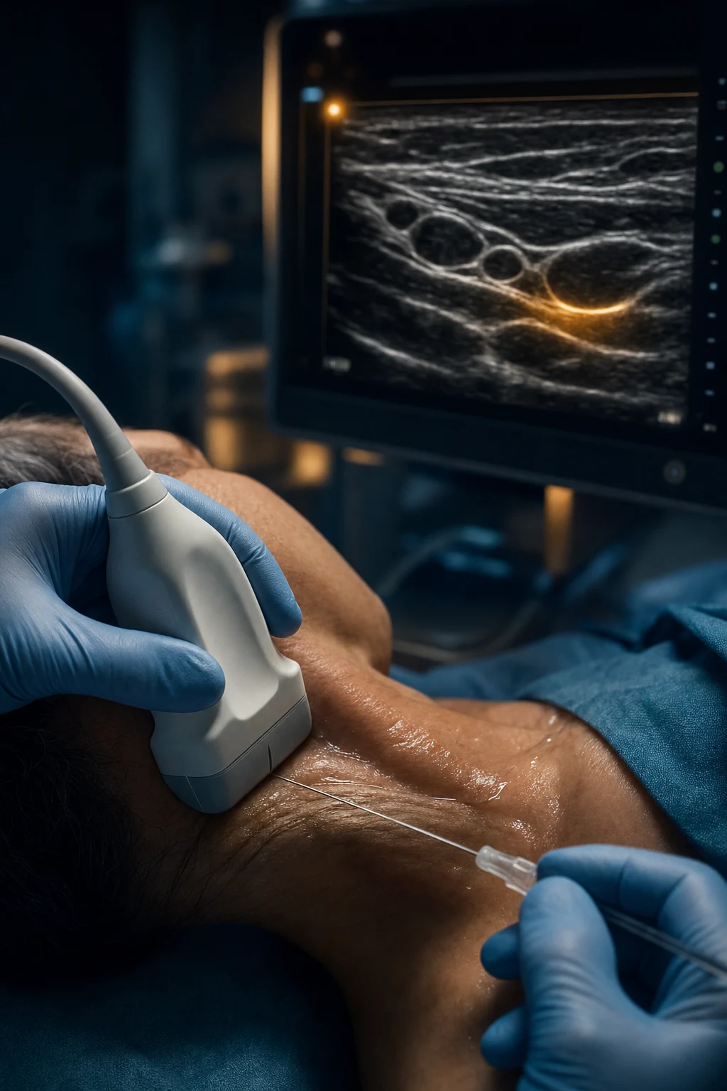 A cinematic educational illustration of ultrasound-guided regional anaesthesia. On the left, an ultrasound transducer with sound-wave beams emanating downward through layered tissues (skin, fat, muscle, a round nerve, an anechoic vessel and a bright bone line with dark shadow). On the upper right, an ultrasound screen showing the corresponding greyscale image. On the lower right, two schematic needle approaches side by side: in-plane with the whole needle shaft visible as a bright line, and out-of-plane with a bright dot. Deep navy and teal palette with warm screen glow, no readable text labels.