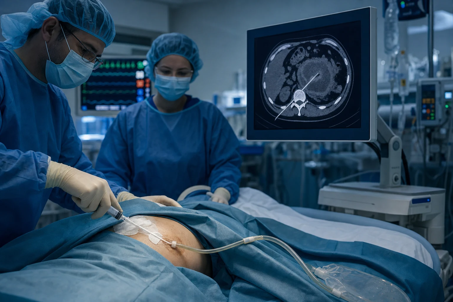 Cinematic ICU scene of a percutaneous drainage catheter draining an intra-abdominal abscess, a CT-guided image on the screen showing the drain in place, a cardiac monitor, clinical-blue lighting, a careful coordinated mood