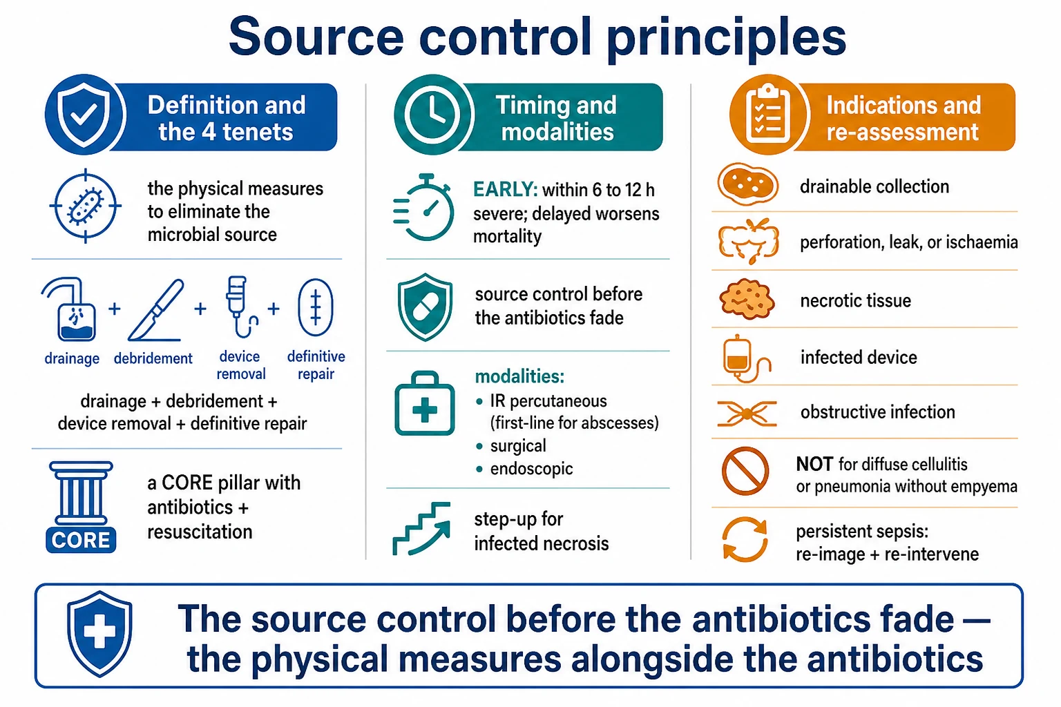 Three-panel infographic on a white clinical-blue background: LEFT definition and the 4 tenets (physical measures to eliminate the microbial source; drainage + debridement + device removal + definitive repair; a CORE pillar with antibiotics + resuscitation); CENTRE timing and modalities (EARLY within 6-12h severe delayed worsens mortality; 'source control before antibiotics fade'; IR percutaneous first-line abscesses, surgical, endoscopic, step-up infected necrosis); RIGHT indications and re-assessment (drainable collection, perforation/leak/ischaemia, necrotic tissue, infected device, obstructive infection; NOT for diffuse cellulitis/pneumonia w/o empyema; persistent sepsis re-image + re-intervene). Banner 'Source control before antibiotics fade — physical measures alongside antibiotics'. Flat vector illustration, crisp typography.