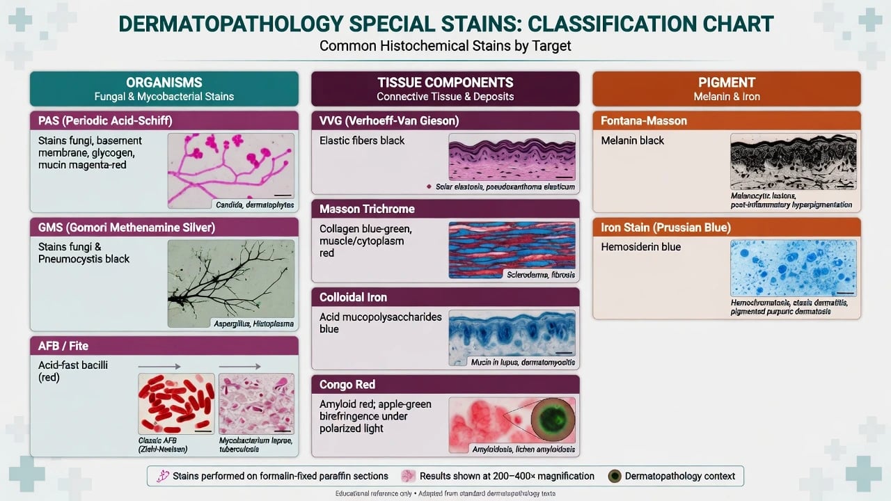 Classification chart of dermatopathology special stains for organisms connective tissue mucin amyloid and pigment