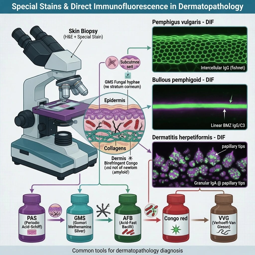 Educational illustration of dermatopathology special stains bottles and classic direct immunofluorescence patterns on skin