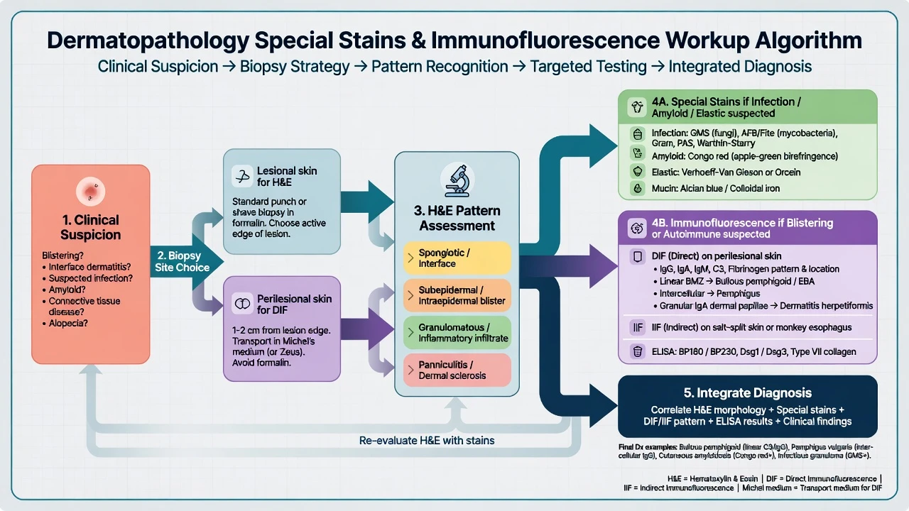 Algorithm flowchart from clinical suspicion through biopsy medium choice special stains DIF and integrated diagnosis